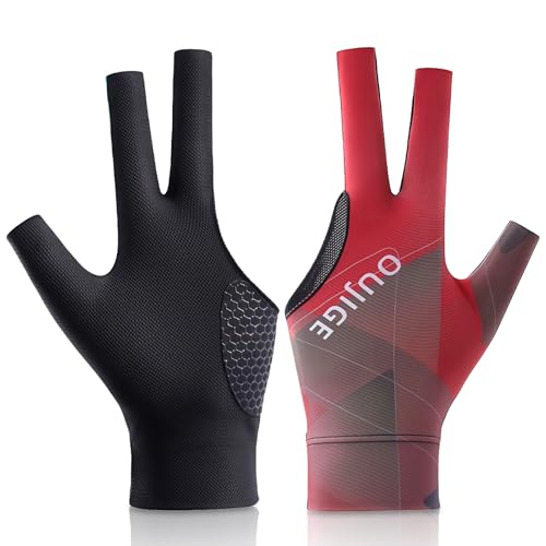 flintronic Guante De Billar Guantes, Guantes De Billar de la Mano Izquierda Ajustable, Guante de Billar Snooker 3 Dedos, Transpirables y Antideslizantes(Negro y Rojo)