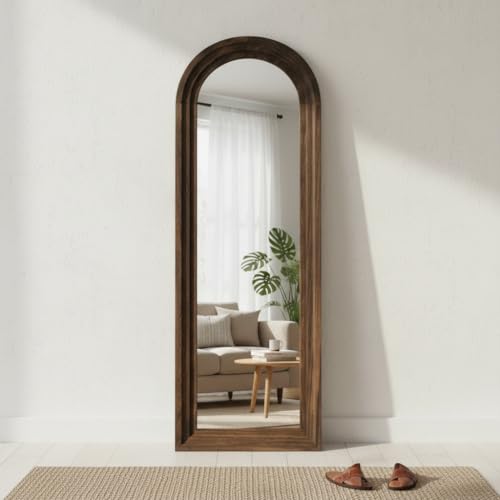 Image of APRODZ Rustic Arched Distressed Wood Mirror Full-Length Floor Mirror | Vintage Farmhouse Style Full Body Dressing Mirror for Bedroom, Living Room & Hallway Decor