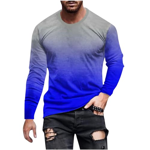 Shirts for Men Long Sleeve Casual Loose Gradient Color Print Crewneck Sweatshirt Lightweight Gym Workout Pullover Top