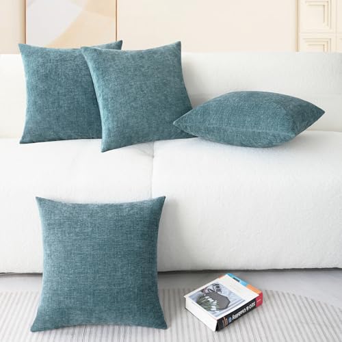 Image of CaliTime Throw Pillow Covers Decorative 18 X 18 Inches Pack of 4 Cozy Chenille Cushion Cases for Couch Sofa Bed Living Room Home Smoke Blue