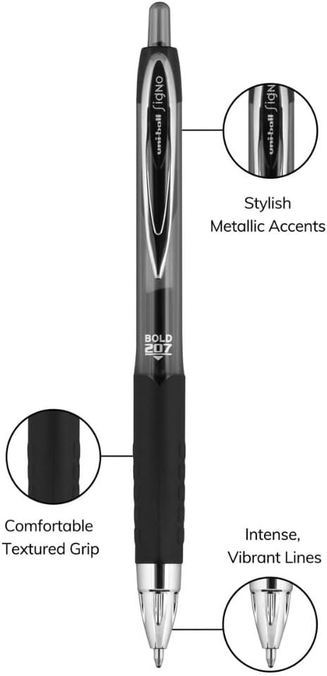 Uni-Ball Signo 207 Retractable Gel Pens, Fraud Prevention, Bold Point 1.0mm, Equal Black and Blue Ink, 12 Pack (6 Black, 6 Blue)