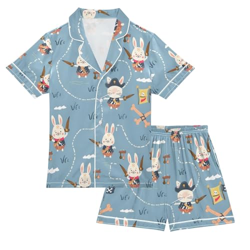 ALAZA Rabbit Bunny Pirate Pajamas Satin Pajama Set Short Sleeve Button Down Sleepwear