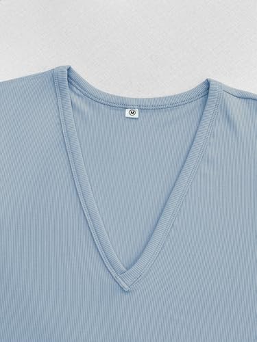 Image of Albe Rita Women Short Sleeve T-Shirt Cap V Neck Shirts for Women Ribbed Casual Top Knit Slim Fit for Summer