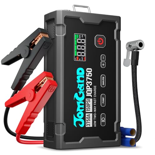 JOMGAND JQP3750 Jump Starter with Air Compressor, 3750A 12V Car Battery Booster Pack for Upto 10L Gas and 8.5L Diesel Engines, Jump Box and with 150PSI Tire Inflator, PD 60W Two-Way Fast Charging