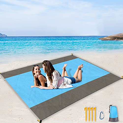 RileyKyi Beach Blanket, 89" x 79" Oversized Foldable Waterproof Sand Proof Beach Mat for 4-7 Persons, with Portable Bag and 4 Fixed Nails, for Beach Camping Hiking and Picnic (Blue-Gray)