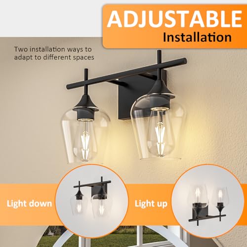 Image of Vanity Bathroom Light, 2-Light Bathroom Light Fixtures Over Mirror, Black Vanity Lights for Bathroom with Clear Glass, Modern Wall Lamp for Cabinet Hallway, Bedroom