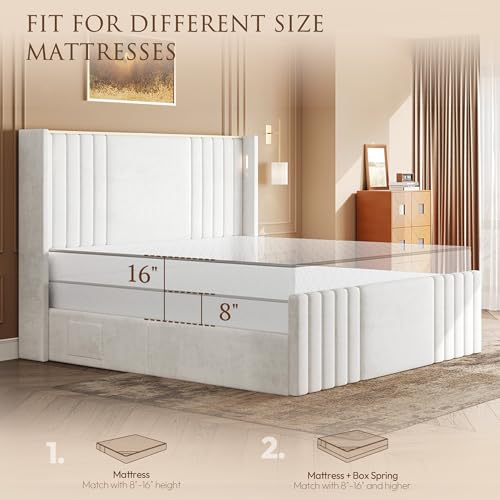 Image of Queen Bed Frame with 55.1 inch Tall Headboard, Velvet Upholstered Platform Bed with Channel Tufted Wingback, 2 Reading Lights /Storage Shelf /Charging Station /Easy Assembly /Noise-Free, Cream