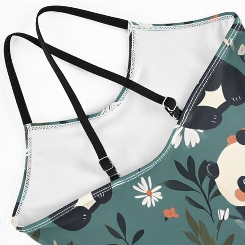 Girls Swimsuit Panda White Pink Flowers Pattern One Piece Swimwear4