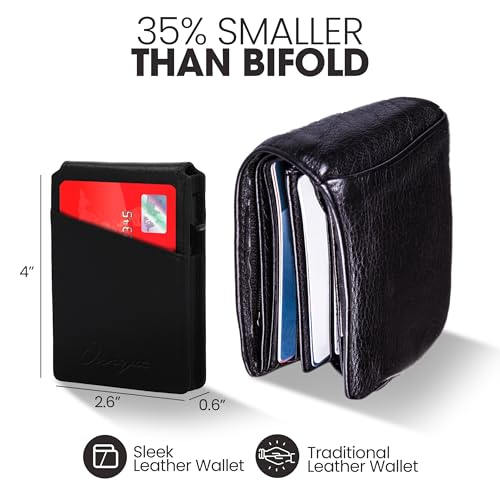 Wallet for Men - Genuine Leather RFID Blocking Wallet, Mens Minimalist Wallet, Slim Compact Wallet with ID Window, Smart Pop Up Card Wallet, Metal Aluminum Credit Card Holder Bifold Wallet (Black)3