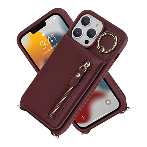 Jaorty Crossbody Phone Case For Iphone 13 Pro Max Case With Card Holder,Iphone 12 Pro Max Case Wallet For Women Men With Strap,Lanyard Cases With Credit Card Slots Kickstand Ring Holder,6.7",Burgundy #TOP4