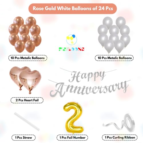 Image of Flyloons 2nd Happy Anniversary Decoration Items Rose Gold White for Men Women Husband Wife Mom Dad Parent Couple Home Bedroom Car With 20 Pcs Metallic Balloons Anniversary Banner 2 Pcs Heart Set Kit