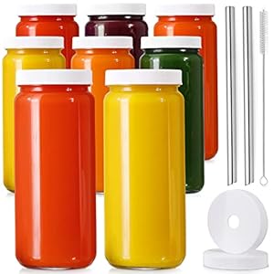 [ 8 Pack ] 16 OZ Glass Juicing Bottles w Airtight Lids & 2 Straws & 2 Lids w Hole – Reusable Drinking Jars, Travel Water Cups – Tall Mason Jar for Juice, Boba, Smoothie, Tea, Kombucha, Homemade Drinks