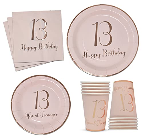 13Th Birthday Party Supplies Tableware Set 24 9" Paper Dinner Plates 24 7" Plate 24 9 Oz Cup 24 Lunch Napkins For Girls Thirteenth Official Teenager Happy B-Day Parties Pink Rose Gold Disposable Decor #TOP17