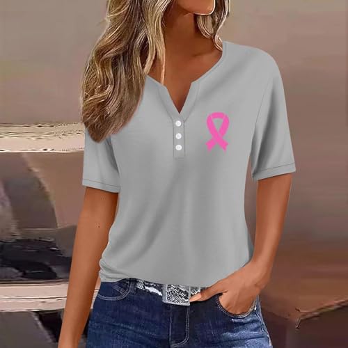 Blusa feminina de conscientização sobre o câncer de mama com estampa de fita de manga curta solta tú