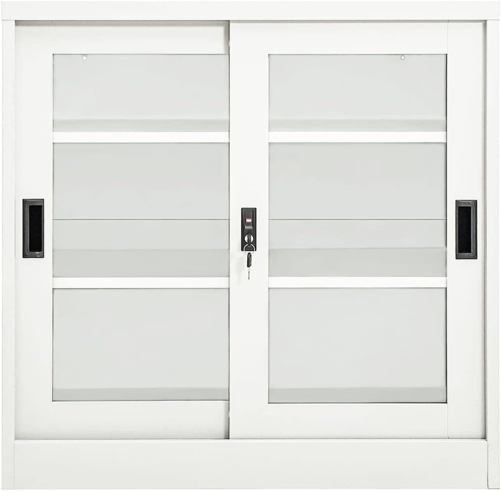 vidaXL White Steel Filing Cabinet with Sliding Doors & Adjustable Shelves - Secure Office Storage Cabinet with Lock System, 35.4"x15.7"x35.4"