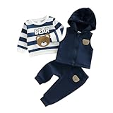 BeliBacca Toddler Boy Fall Winter Outfits Set Bear Embroidery Striped Long Sleeve Pullover Zipper Plush Hoodie Jacket Vest Jogger Pants Set 3pcs Baby Boy Clothes (Multicolor, 12-18 Months)