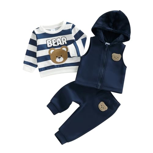 BeliBacca Toddler Boy Fall Winter Outfits Set Bear Embroidery Striped Long Sleeve Pullover Zipper Plush Hoodie Jacket Vest Jogger Pants Set 3pcs Baby Boy Clothes (Multicolor, 12-18 Months)