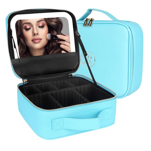 Image of MOMIRA Travel Makeup Bag Cosmetic Bag with Lighted Mirror, Adjustable Brightness in 3 Color Scenarios, Waterproof, 10x Magnifying Mirror, Rotatable Independent Light Mirror- Diamond Blue(Solid)