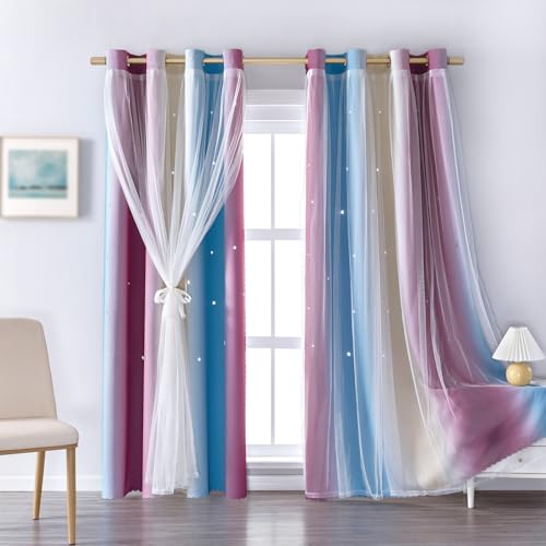 Image of indistar Colourful Stripe Star Cut-Out Blackout Curtains for Bedroom,2 Layers Mix Design of Fabric & Tulle,Pretty Window Curtain for Kids Room 1 Panel (W52 x L72 Purple /Blue)