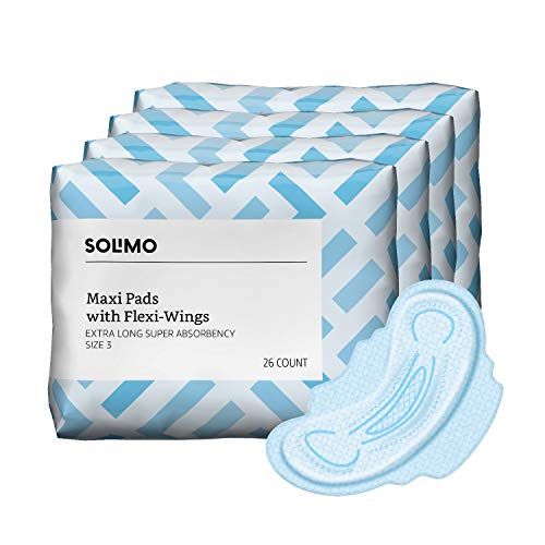 Amazon Brand - Solimo Thick Maxi Pads with Flexi-Wings for Periods, Extra Long Length, Super Absorbency, Unscented, Size 3, 104 Count, 4 Packs of 26