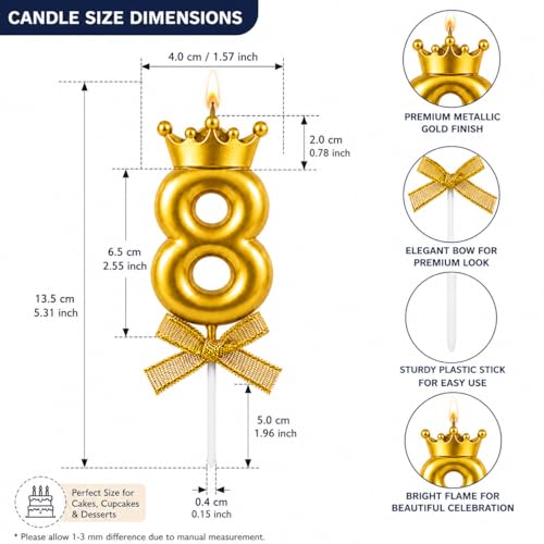 Image of Number 8 Unscented Candle with Crown for Birthday, Wedding, Valentines Day Celebration, Bridal Shower, Bachelorette Cake Topper for Decoration, 1 pc, Gold