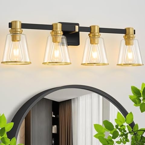 Deyidn Vanity Lights Black Gold Bathroom Light Fixtures Over Mirror, 4 Light Vanity Lighting Fixtures, Mid Century Modern Wall Sconce with Clear Glass Shades for Farmhouse Bedroom Cover