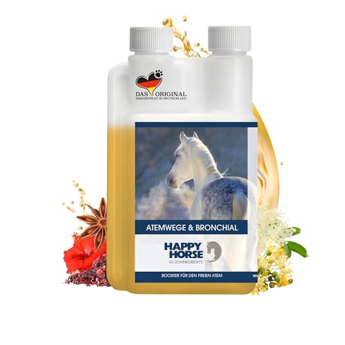 Happy Horse Atemwege- & Bronchialsaft für Pferde – Ergänzungsfuttermittel für Pferde – 1000 ml – 100% pflanzliche Rezeptur – Made in Germany