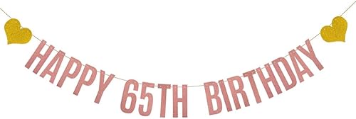 Cartel de feliz cumpleaños 65, pre-encordado, guirnaldas de papel con purpurina de oro rosa para mujeres de 65 años, decoraciones de fiesta de
