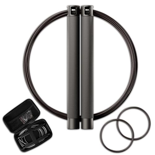 GODROP Jump Rope Black - Adjustable Speed Jump Rope - 2x Steel Coated Ropes, Carrying Case - Aluminum Anti Slip Handles with Double Ball Bearings for Double Unders, CrossFit, Boxing & Home Workout for Men & Women