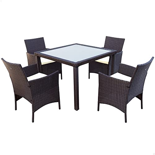 AKTIVE 61073 - Conjunto mesa y sillas jardín ratán, Mesa y sillas terraza incluye 4 sillas jardín exterior y 1 mesa exterior 100x75cm, Muebles para jardín y terraza, Multicolor