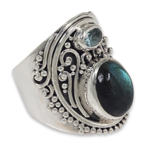 NOVICA Artisan Handcrafted Labradorite Blue Topaz Cocktail Ring Balinese Silver Sterling Grey Indonesia Birthstone 'Misty Starlight'