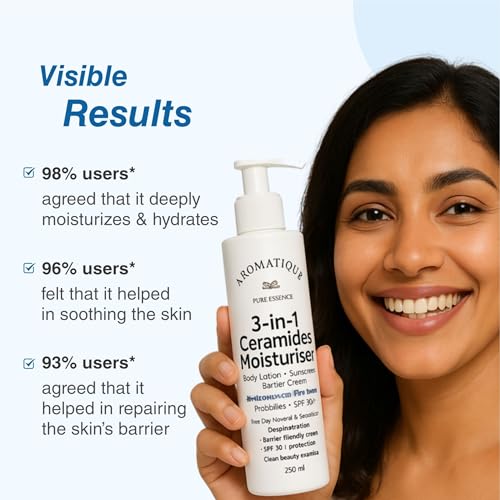 Image of Aromatique 3-in-1 Ceramides Moisturizer | Body Lotion + Sunscreen + Barrier Cream with Hyaluronic Acid, Rice Water, Probiotics & SPF 50++ | For Dry, Normal & Sensitive Skin | 250ml