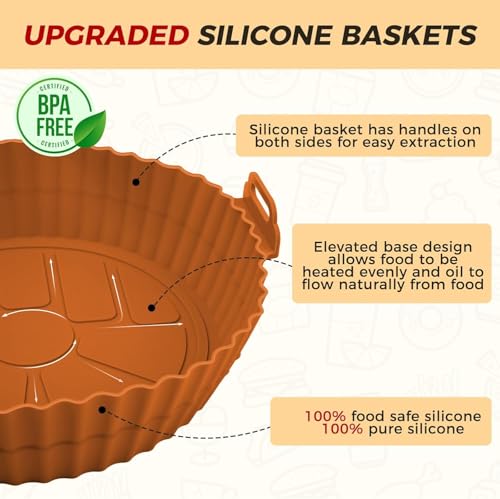 Image of Air Fryer Liners Pack of 2 - Round 8 Inch Silicone Air Fryer Liner, Reusable Baking Tray, Food Grade BPA Free, Heat Resistant 240C, Nonstick Pot with Handles, Fits 4-7 QT-Multicolor