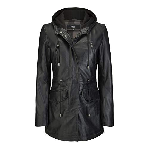 TruClothing Womens Real Leather Parker Coat 3/4 Hooded Safari Duffle Jacket Black Soft