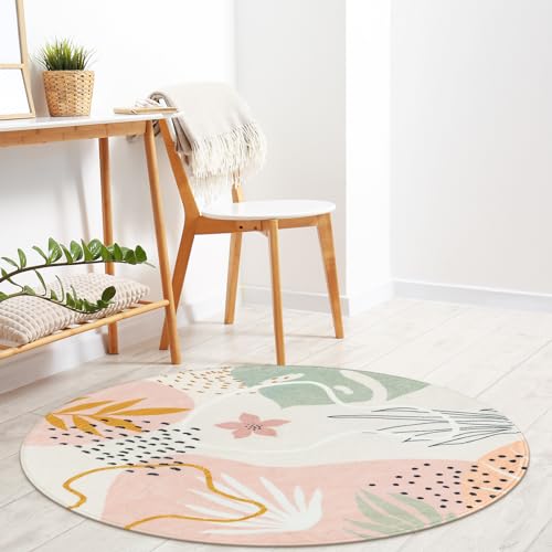 Lahome Boho Pink 3Ft Round Area Rugs - Soft Cute Small Circle Rug for Kids Nursery Room, Washable Non-Slip Botanical Print Circular Carpet for Sofa Playroom (Pink,3'x3')