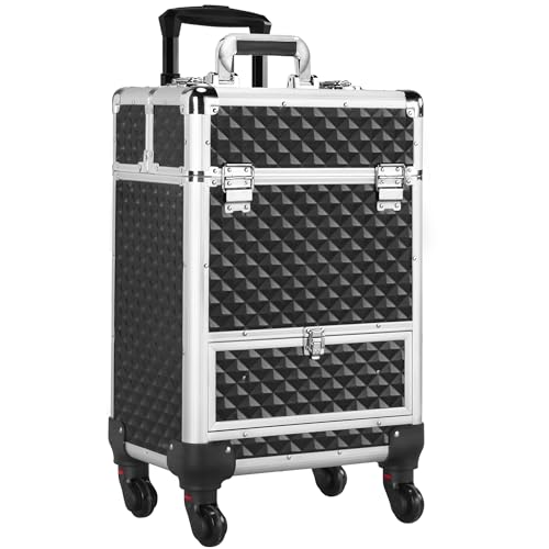 Yaheetech Trolley Valigia Make Up da Trucco Professionale Porta Trucchi Beauty Case 4 Vassoi da Viaggio per Estetista Parrucchiere Nera 34 x 24 x 55 cm