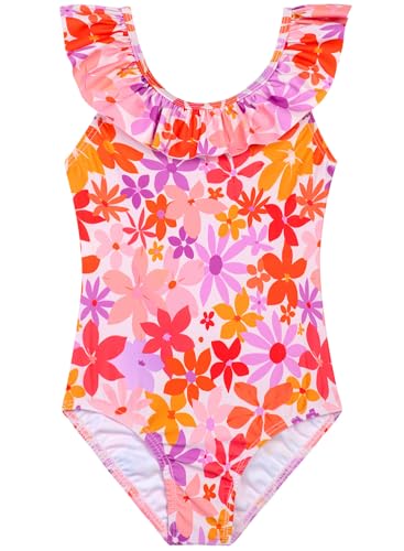 Image of XiaoMoSha Girls Swimsuits Ruffled Round Neck One Piece Bathing Suits Quick Dry UPF 50+ Summer Hawaii Swimwear for Kids 3-10T