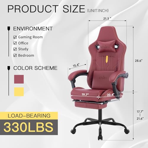 Image of Gaming Chair with Footrest Ergonomic Computer Chair Massage Lumbar Cushion, Racing Video Game Chair Adjustable Rocker Recliner Executive Office Desk Chair Pu Leather for Adults, WineRed