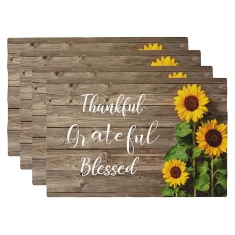 VIGGINER Spring Summer Sunflower Placemats Set of 4 Religious Thankful Grateful Blessed Linen Washable Placemat Kitchen Dining Heat-Resistant Place Mats Desktop Decor Table Mats for Home 12x18 Inch Cover