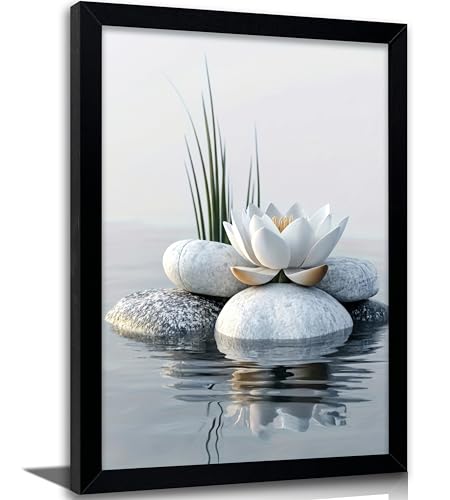 Framed White Lotus Zen Stone Wall Art, Serenity Spa Decor with Water Reflection, Calm Botanical Canvas Print for Bathroom Bedroom Office, Modern Minimalist Peaceful Artwork