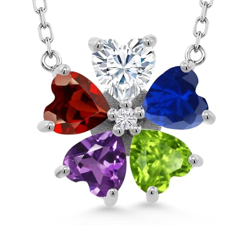 Gem Stone King Customized and Personalized 5-Stone Heart Necklace For Women | 925 Sterling Silver | Gemstone Birthstone and Lab Grown Diamond | 6MM Heart Shape | With 18 Inch Chain