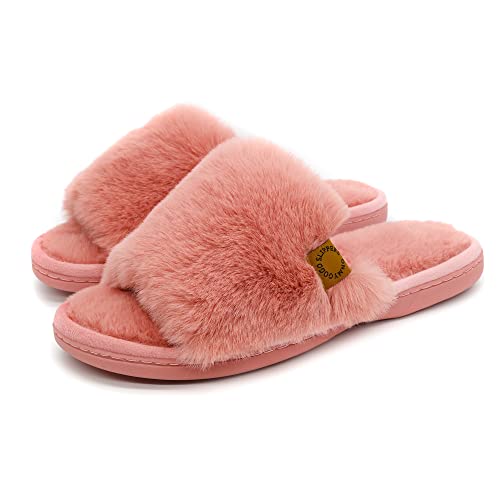 Onmygogo Indoor Slippers for Women Open Toe with Memory Foam, Soft Faux Fur Nonslip House Slippers 7-8 0-salmon