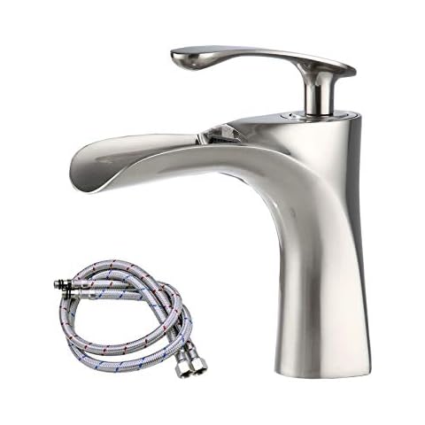 Bathroom Tap Modern Basin Mixer Tap for Washroom and Bathroom Basin Sink Waterfall Mixer Single Lever Cold and Hot Water Basin Faucet Brushed Nickel Finish Solid Brass Cover