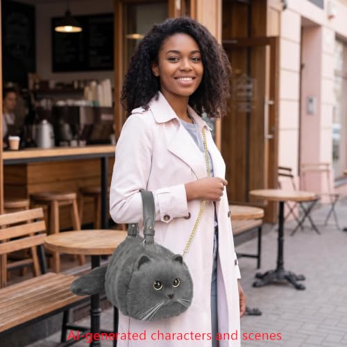 Image of Realistic Puffy Plush Cat Shaped Crossbody Handbag for Women