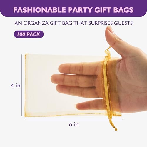 Image of PACKINNO 100pcs Gold Organza Bags, Sheer Organza Bags 4x6 Inch, Small Mesh Bag, Drawstring Gift Bags for Party, Jewelry, Candy, Christmas, Festival, Bathroom Soaps, Makeup