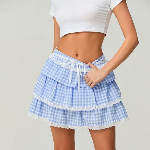 Gingham Mini Skirts for Women Y2K Bow Plaid Ruffle Flowy Layered Short Skirt Cute Boxer Cosplay Party Streetwear3