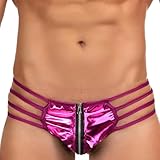 Men's Sexy Underwear PU Leather G-String Front Zipper Pouch Thong Underpants Low Rise Open Hip Clubwear (US, Alpha, XX-Large, 3X-Large, Regular, Regular, Rose)