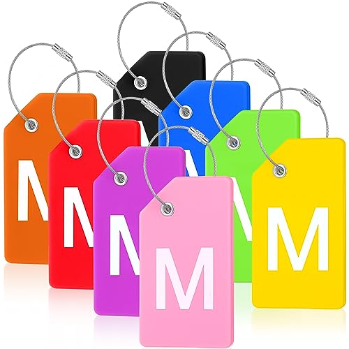 8 Pcs Initial Letter A-Z Luggage Tags Silicone Suitcase Instrument Tag with Name Card and Stainless Steel Loop(Letter M,Colorful)