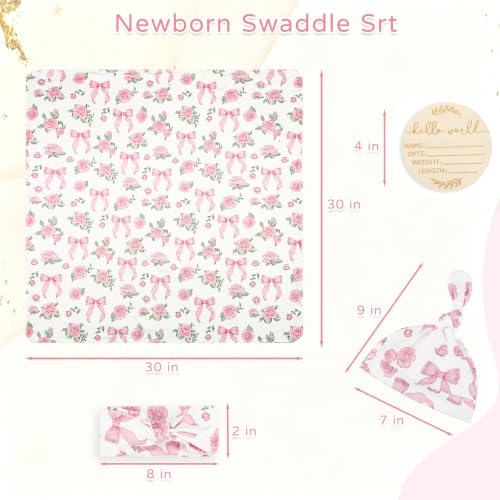 Image of TANOFAR 4-Pack Newborn Swaddle Blanket for Baby Girls & Boys, Ultra Soft Receiving Blankets with Matching Headband and Beanie Set Baby Nursery Swaddle Wrap, Flower Bow