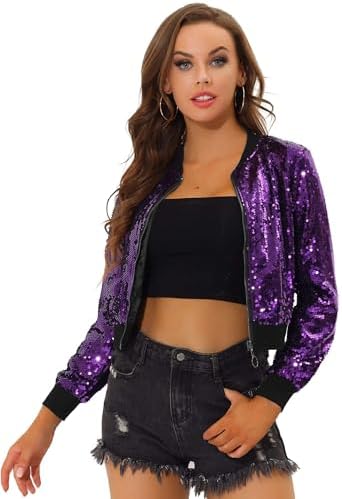 Allegra K Women Sequin Bomber Jackets Halloween Sparkly Long Sleeve Zip Front Shiny Cropped Jacket Glitter Party Disco Outfit